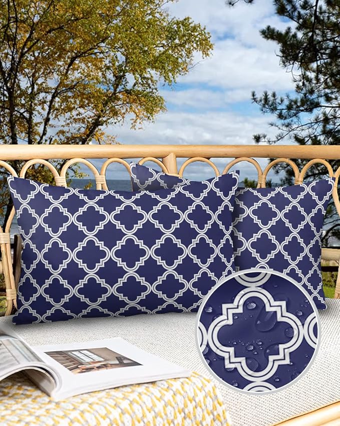 Outdoor Waterproof Pillow Covers for Patio Moroccan Pattern Decorative Throw Pillow Cover Geometric Trellis Navy Blue Pillowcases Set of 2 Cushion Case for Sofa Couch Chair Home Decor 20x12 inch