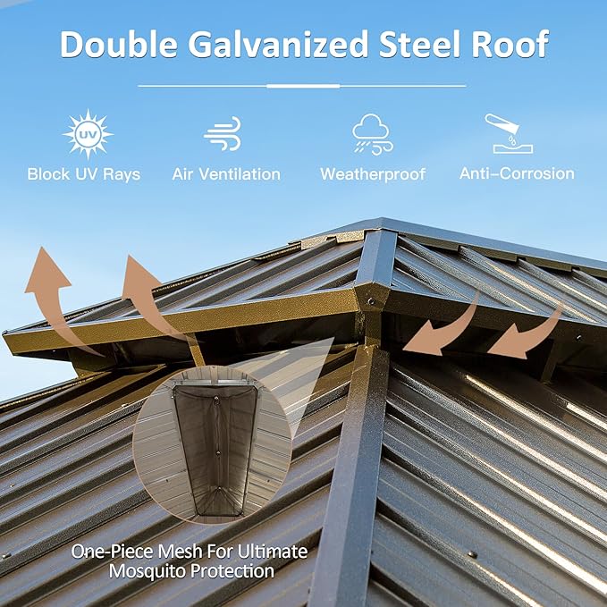 Domi 10' X 13' Hardtop Gazebo, Upgraded Metal Gazebo with Drainage System, Dual-Layer Galvanized Steel Roof, Curtain and Netting, Outdoor Shelter Canopy for Patio, Garden, and Backyard, Brown