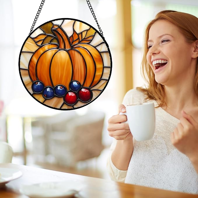 DASTOLL Stained Glass Window Hanging Fall Pumpkin Berries 6.3" - Suncatcher Door Garden Kitchen Sunroom Sun Catcher Autumn Home Decor Birthday for Mom Grandma Men Woman