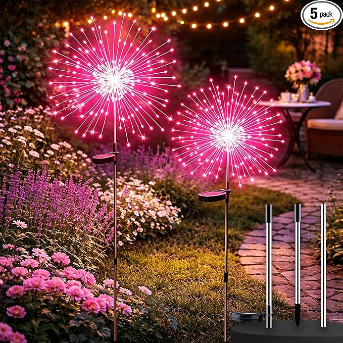 2 Pack Solar Firework Lights Outdoor, 200 LED Starburst Garden Lights, Adjustable Height 2/3-Rod 51in Taller Design, Stainless Steel, 2 Modes, IP65 Waterproof Pathway Lights for Yard Patio Lawn