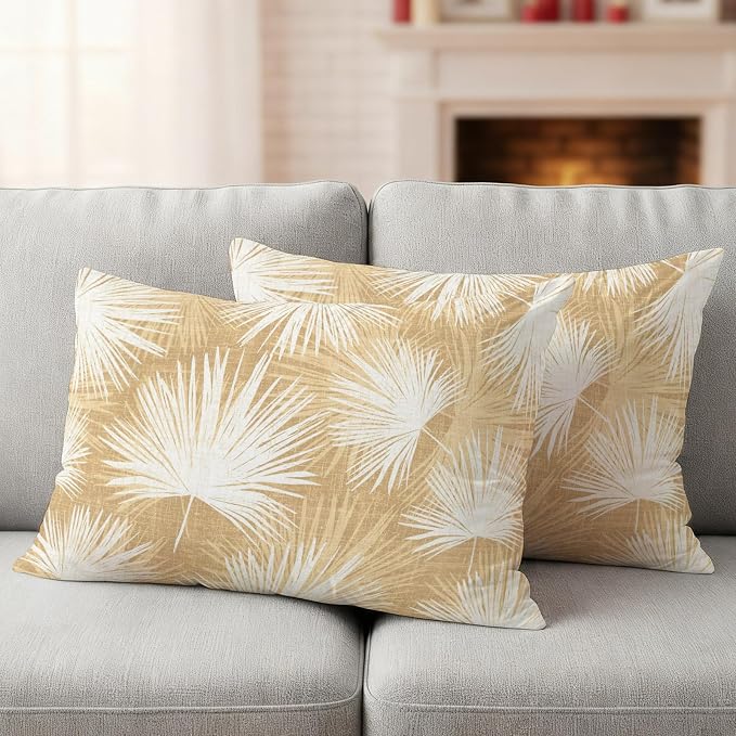 Lumbar Pillow Covers 20x12 Inch Set of 2, Beige Palm Leaves Coastal Waterproof Outdoor Pillow Covers, Summer Tropical Botanical Boho Decorative Cushion Pillowcases for Couch, Sofa, Bed, Garden, Patio