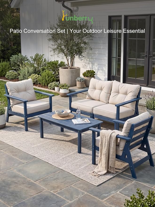 2 Seat HDPE Patio Conversation Set with Coffee Table, Outdoor Chairs Set | Water-Resistant Thick Cushion, HDPE All Weather, Wood-Grain, No Rot or Rust or Crack, UV Fade Shield, Easy-Clean for Outside