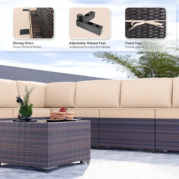Kullavik 9PCS Outdoor Patio Furniture Set PE Wicker Rattan Sectional Sofa Patio Conversation Sets,Sand