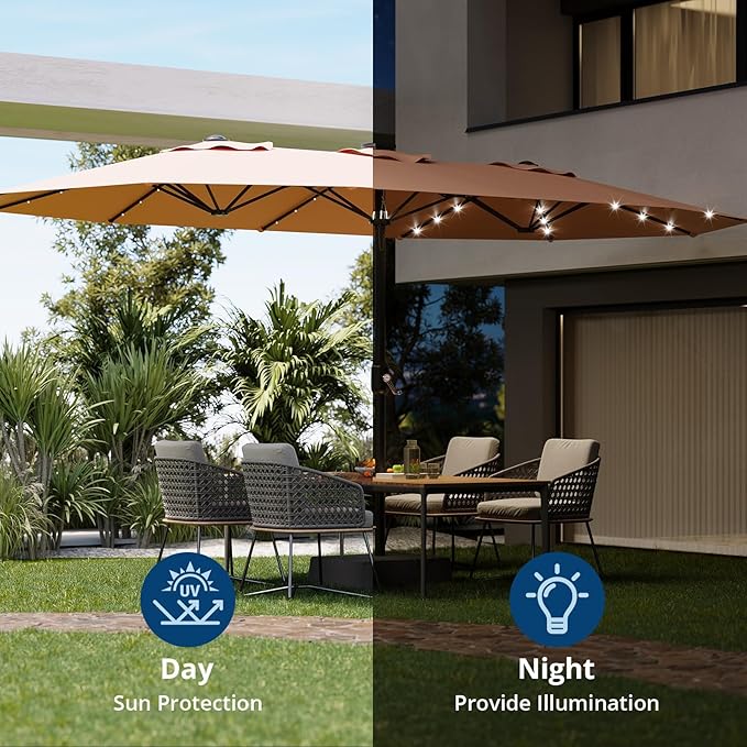 15FT Rectangular Patio Umbrella With Solar Lights & Base Included - Large Patio Umbrella With Crank Handle, UV Protection for Outdoor Market, Lawn, Backyard, Pool