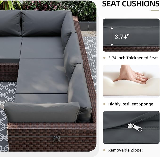 UPHA 7 Pieces Patio Furniture Sets, Wicker Outdoor Sectional Sofa Couch with Coffee Table, Patio Conversation Set for Deck Backyard Garden, Brown Rattan, Dark Gray Cushion
