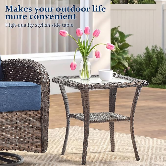 Outdoor Swivel Rocking Chair Patio Set (10pcs) High-Back - Thick Cushion Swivel Rocking Chair Patio Chairs Set, All-Weather Wicker Patio Furniture Set, Suitable for Balcony Patios, Brown/Blue