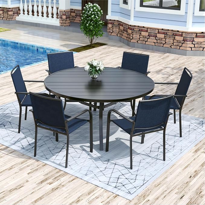 Anmutig 7 Piece Patio Dining Set 54 Inch Round Table Stackable Chairs Blue | Powder-Coated Steel Frame, Quick-Dry Textilene Mesh, Dual-Size Umbrella Hole, Weather Resistant, Patio, Garden, Backyard