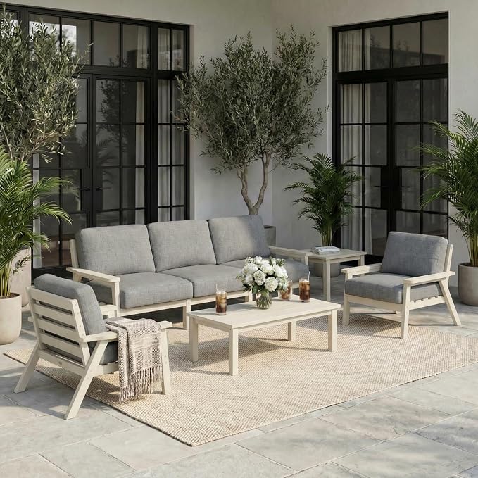 7 Piece HDPE Outdoor Furniture Set with Gray Cushions (White Frame) | All-Weather HDPE, Modular Design, Extra-Deep Seating, Thick Cushions, Ideal for Backyard, Deck & Porch