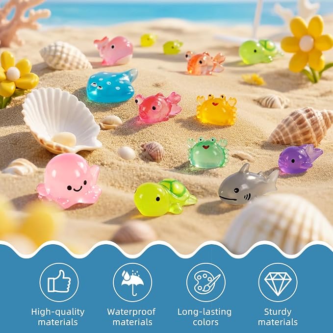 FEXIA 50 Pcs Ocean Mini Resin Animals Tiny Aquariums Decor Glow in The Dark Resin Figures Luminous for Garden Landscape Sea Decor DIY
