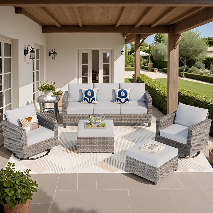 ovios 6 Pieces Patio Furniture Set, Outdoor Wicker Sofa Couch with Swivel Chairs, Rocking Glider Rocker with Comfy Cushions All Weather Rattan Conversation Set, Grey