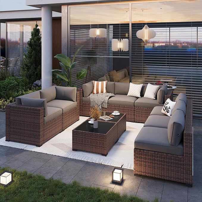 Aoxun Patio Furniture Sets, 10-Piece Outdoor Patio Furniture with Thick Cushions, Wicker Outdoor Conversation Set Sectional Sofa for Backyard, Poolside, Garden