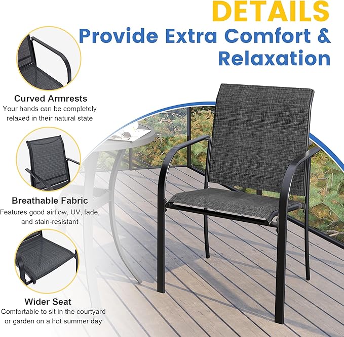 VICLLAX Patio Dining Set, 5 Pieces Outdoor Furniture Set- 37.8" Square Outdoor Table and 4 Stackable Patio Chairs, Grey Tabletop and Grey Fabric