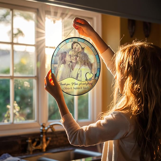 Thank You Mom Personalized Photo Stained Glass Window Hanging Suncatcher - Custom Photo, Message, Name-Keepsake Mother's Day, Birthday Gift- Heartfelt Home Decoration (Thank You Mom)