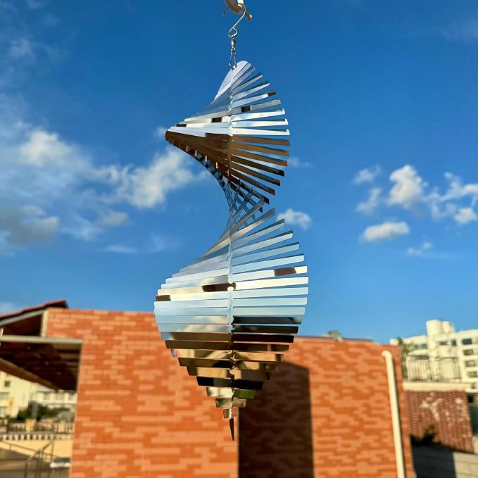 Hanging Wind Spinners,3D Spiral Highly Reflective Stainless Steel Metal Wind Spinner Outdoor Garden Decor,Bird Devices Deterrent to Scare Away Yard Birds 13.8in