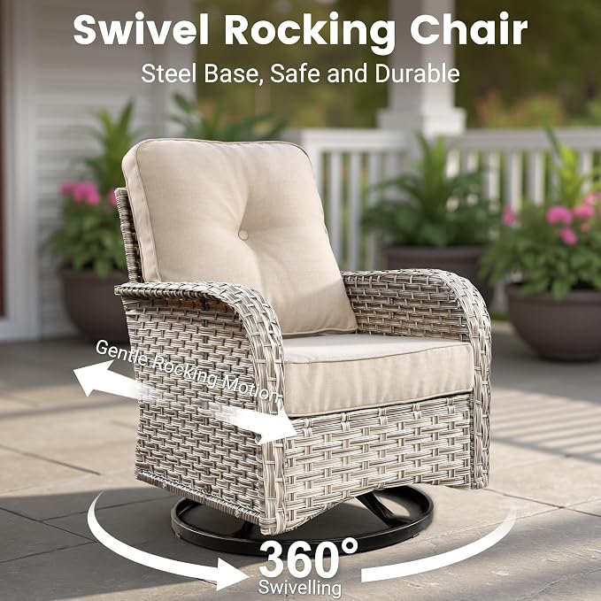 Outdoor Sectional Patio Furniture Set,9 Pieces All Weather Rattan Wicker Conversation Sets with Fire Pit,Out Door Furniture with Swivel Chairs Glowing Coffee Table,Beige