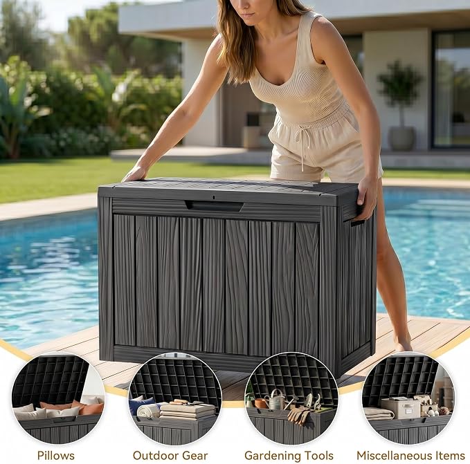 50 Gallon Storage Box for Outdoor and Indoor Use, Outdoor Deck Box for Picnic Supplies, Gardening Tools Waterproof, Lockable and Easy to Install Black