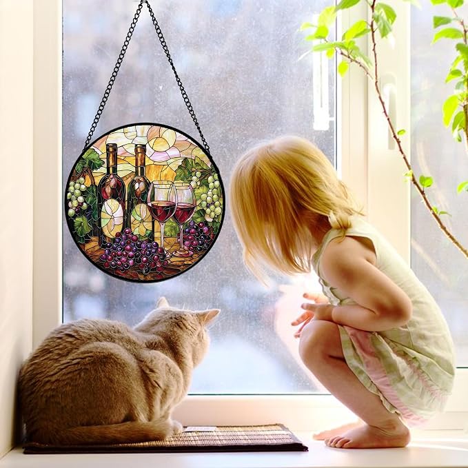 DASTOLL Stained Glass Window Hanging, Grapes and Wine Suncatcher Diamond Glass Panel Hangings Sun Catchers Decor for Birthday for Women, Men, Wife, Aunt, and Mom 7.8 in