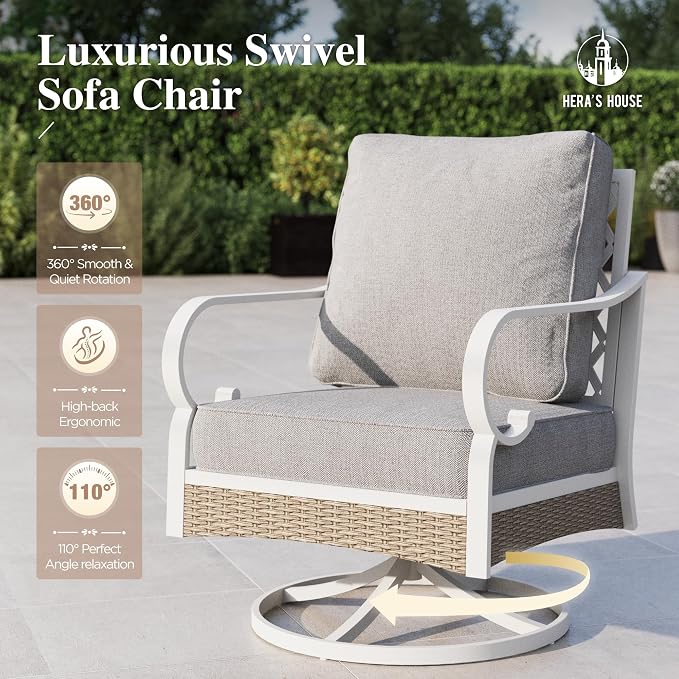 HERA'S HOUSE 5 Piece Metal Patio Furniture Set, 7 Seats All Weather Outdoor Conversation Set, 3 Seat Sofa with Loveseat, 2 Swivel Chairs, Coffee Table for Backyard, Garden, Deck, White/Grey