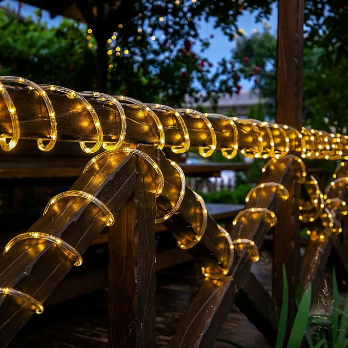 Solar Rope Lights, 2 Pack Total 66ft 200LED Solar String Lights, 8 Modes Waterproof Solar Outdoor Light, Flexible Clear Trampoline Light for Garden Yard Patio Deck Porch Pool Tree Decor - Warm White