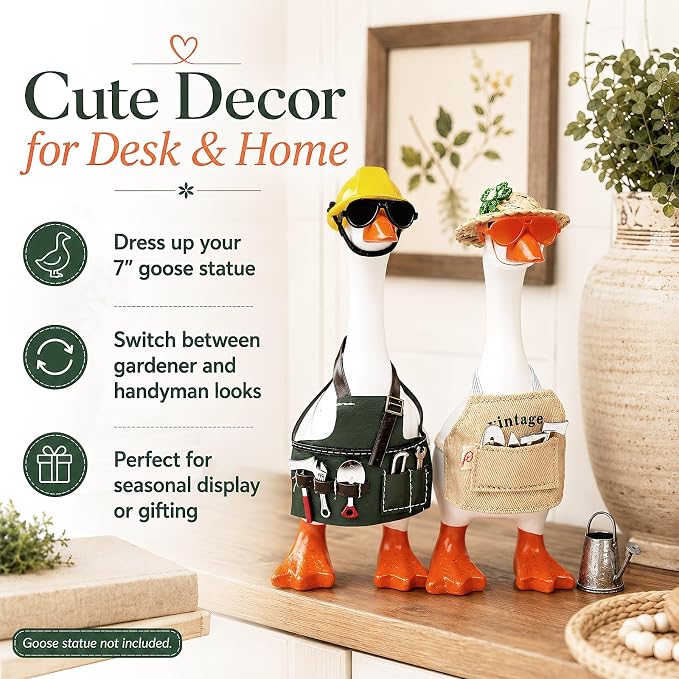 2 Sets Career Desk Goose Outfits, Gardener&Handyman Costume Accessories for 7 Inch Mini Porch Goose Statue, Tools Watering Can Work Apron Set, Dress-Up Clothes for Small Geese Figurine Home Desk Décor