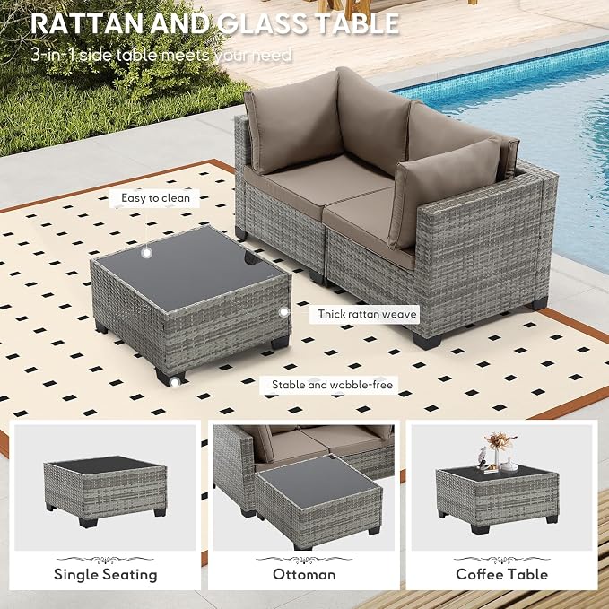 Bonzy Home 3 Pieces Outdoor Patio Furniture Set, PE Rattan Outdoor Sectional Furniture Sofa Set with Removable Cover and Glass Coffee Table, Patio Sofa for Balcony, Porch, Garden, (Grey-Khaki)