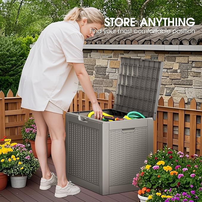 Bifanuo Outdoor Storage Box, 35 Gallon Deck Boxes Waterproof, Resin Storage Cabinet Multi Functional Storage Bench For Gardening Tools, Pool Supplies, Patio Furniture, Lockable