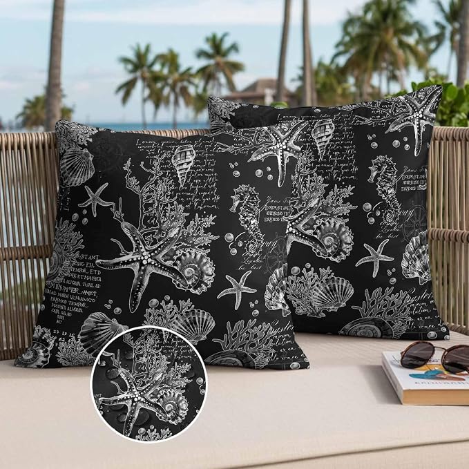 Black Coastal Waterproof Outdoor Pillow Covers Set of 2 Home Decor, Nautical Ocean Starfish Seashells Coral Pillowcase Patio Pillow Covers for Couch Bench Furniture Garden 16x16in