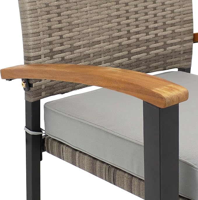 Sunnydaze Carlow 7-Piece Rattan and Acacia Outdoor Dining Set - 1 Table and 6 Chairs with Seat Cushions - Stone Gray