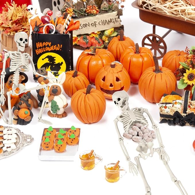 5 Packs Halloween Skeleton Decorations, 16" Halloween Mini Skeleton with Posable Joints, Spooky Poseable Plastic Skeletons for Yard Garden Lawn Haunted House Graveyard Props Decor