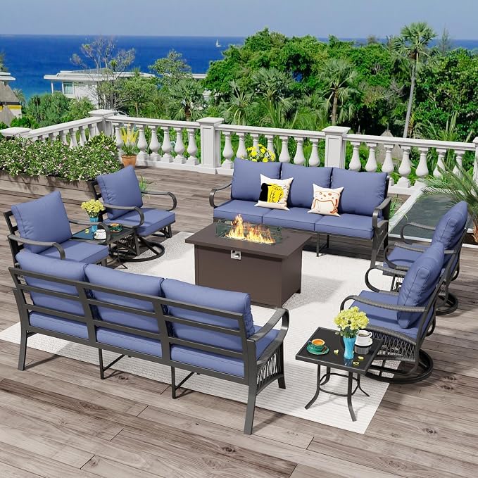 9 Piece Patio Furniture Set, 4 Single Swivel Chairs, Rope Braided Exposed with Thick Cushions, Outdoor All Weather Patio Conversation Sectional Sofa Set for Garden, Porch, Lawn, Blue