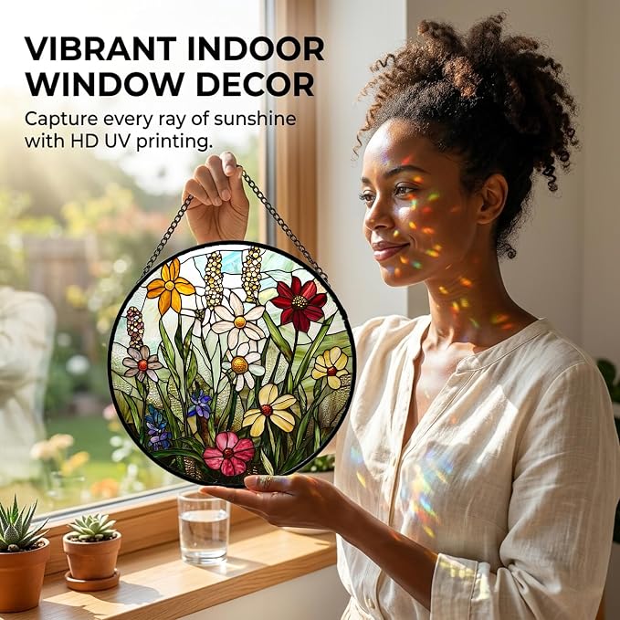 Birthday Gifts for Women - Wildflowers Faux Stained Glass Window Hanging Sun Catcher for Door Garden Acrylic Decor Mother's Day Christmas for Mom Nana Grandma Sisters Wife 6.3"