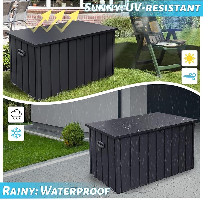 Outdoor Storage Box 100 Gallon, Metal Deck Box with Hydraulic Lid & Mobility Rollers,Lockable Waterproof Patio Storage with Oxford Fabric Bag for Cushions, Garden Tools,Pool Equipment,Dark Grey