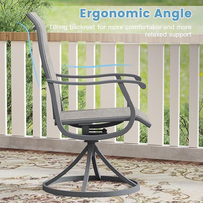 DIFY Patio Table and Chairs Set for 8, 9 Piece Outdoor Dining Set, 63" Grey Wood-Like Round Metal Dining Table with Umbrella Hole and 8 Grey Textilene Swivel Patio Chairs, for Garden Backyard Deck