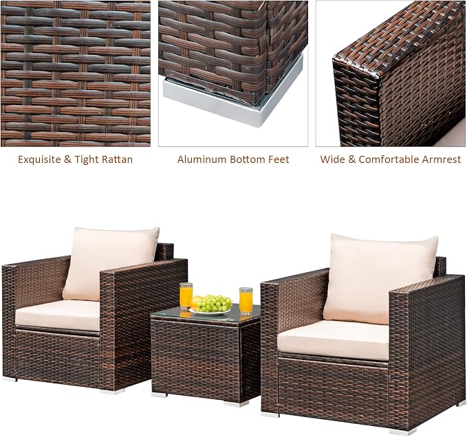 RELAX4LIFE 3-Piece Wicker Bistro Set - Outdoor Patio Rattan Sofa Set w/Washable Cushions & Tempered Glass Coffee Table, Conversation Furniture Set for Backyard, Porch, Garden & Poolside (Brown)