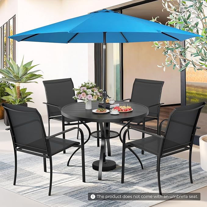 Incbruce 6 PCS Patio Dining Set with Sky Blue Umbrella, Outdoor Dining Set of 4 Textilene Chairs and 41" Round Table with Umbrella Hole for Backyard, Garden, and Poolside (Black)