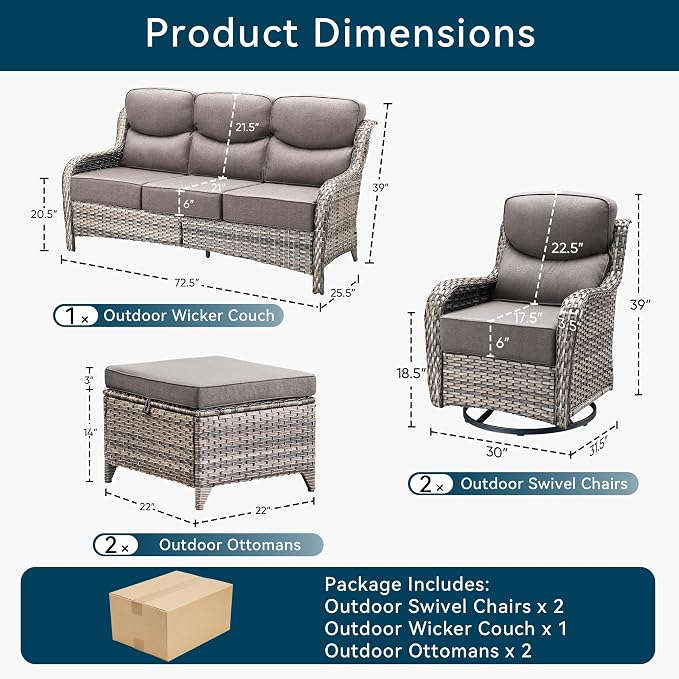 Luxury 5 Pieces Outdoor Patio Furniture Set-High Back Swivel Rocker Patio Chairs with Sofa and Ottomans, 6-inch Extra Thick Cushions Wicker Outdoor Conversation Set for Garden Porch(Grey/Grey)