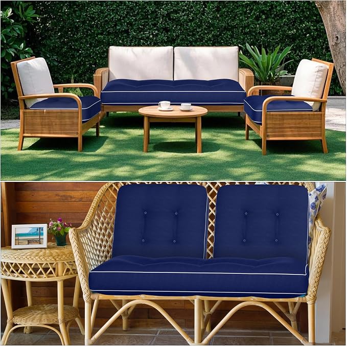 Wenqik 44 x 19 x 4 Inch Outdoor Bench Cushion Set of 3 Waterproof Tufted 1 Patio Loveseat Cushions and 2 Square Chair Seat Pad for Outdoor Furniture Couch Swing Sofa Wicker Settee(Navy Blue)