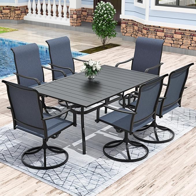 Anmutig 7 Piece Patio Dining Set for 6, 360° Swivel Chairs with Textilene Fabric, Large Rectangular Table and Chairs for Lawn Garden Backyard Poolside Deck, Blue
