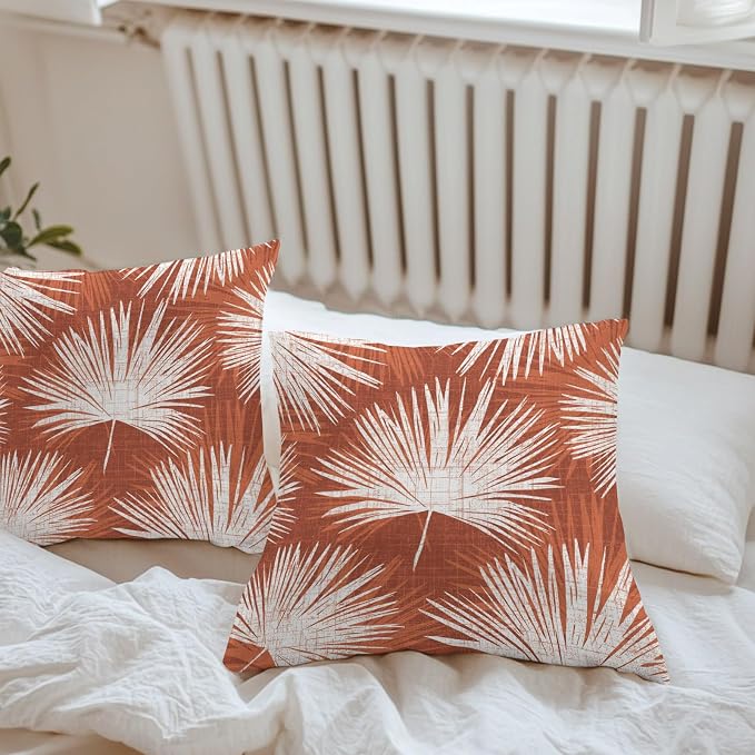 Throw Pillow Covers 26x26 Inch Set of 2, Burnt Orange Palm Leaves Waterproof Outdoor Pillow Covers, Summer Tropical Botanical Decorative Cushion Pillowcases for Couch, Sofa, Bed, Garden, Patio