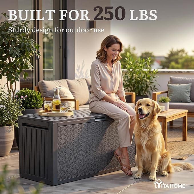 YITAHOME 95 Gallon Outdoor Storage Deck Box, Waterproof Resin Deck Box w/Handles, Lockable Outdside Deck Box for Patio Furniture, Garden Tools, Lockable & UV Resistant(Dark Gray)