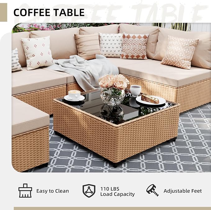 UPHA 9 Pieces Patio Furniture Sets, Wicker Outdoor Sectional Sofa Couch with Rectangle Propane Pit for Deck Backyard Garden, Beige Rattan, Beige Cushion