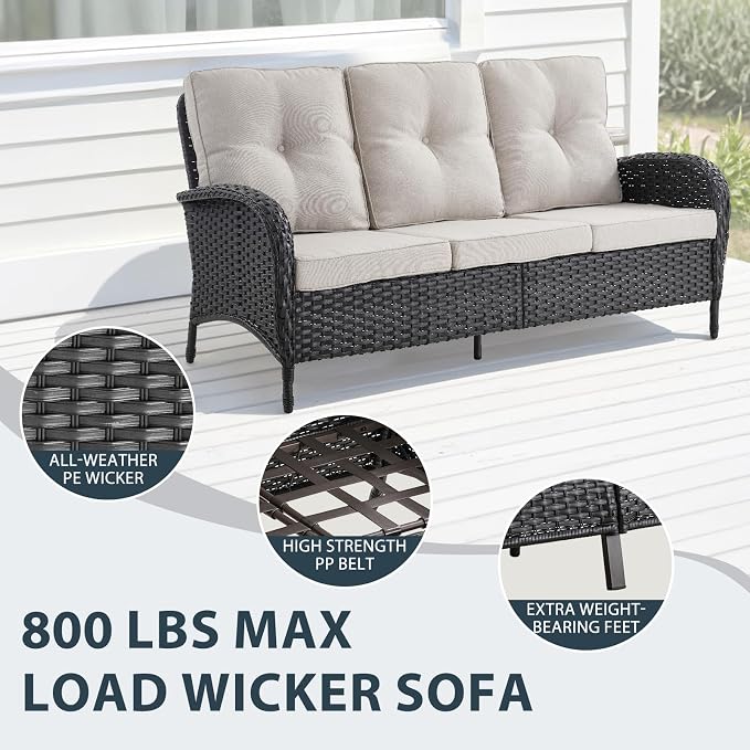 7 Piece Patio Furniture Set - Wicker Patio Conversation Set with Swivel Glider, 3 Seat Sofa, 2 Ottomans, Glass Side Table and Coffee Table for Deck Backyard - Black Wicker Beige Cushion