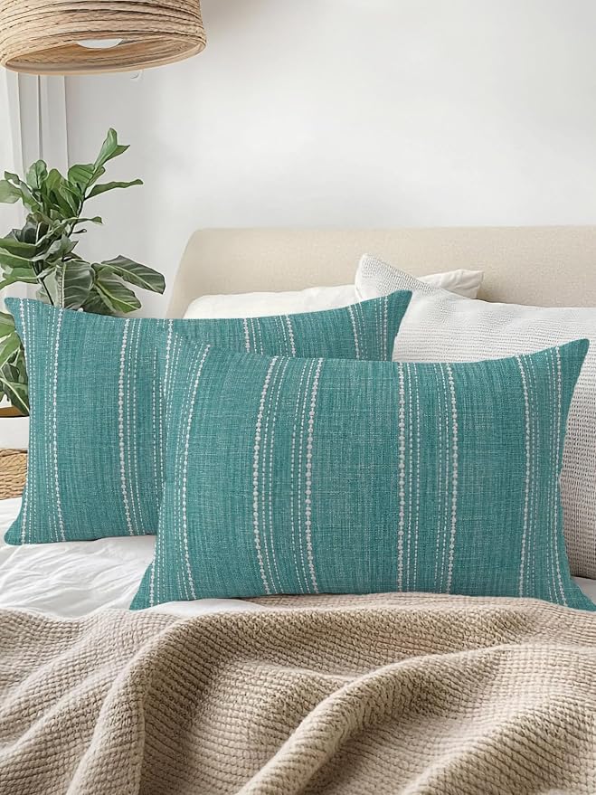 Waterproof Outdoor Pillow Set of 2 Teal Linen Stripes Decorative Throw Pillows Cover & Insert 20x12 Inch Lumbar Pillowcase Parallel Vertical Lines Pillows for Couch Sofa Bed Patio Furniture