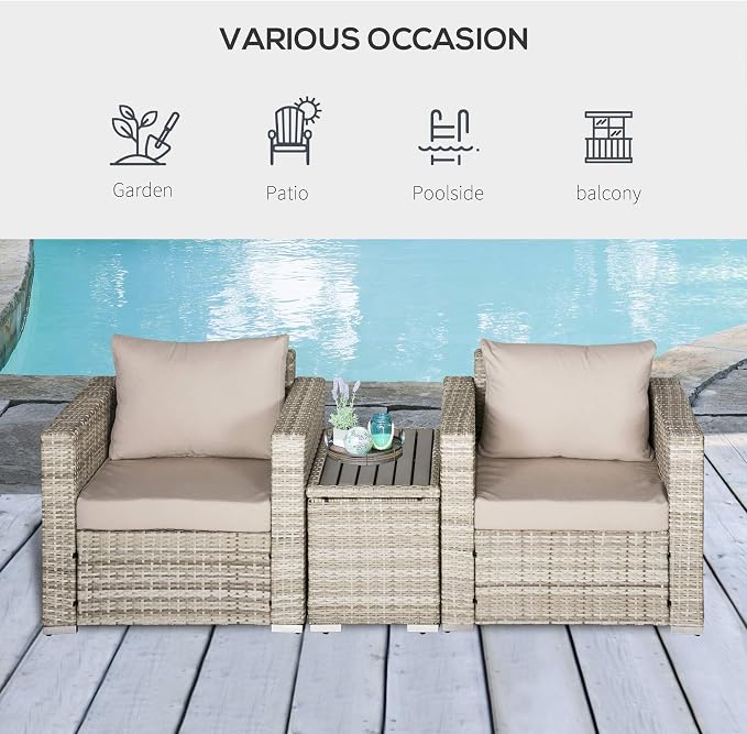 Outsunny 3 Piece Patio Furniture Set, PE Rattan Small Wicker Balcony Furniture, Table & Chairs with Cushions Composite Table, Conversation Set for Apartment, Gray
