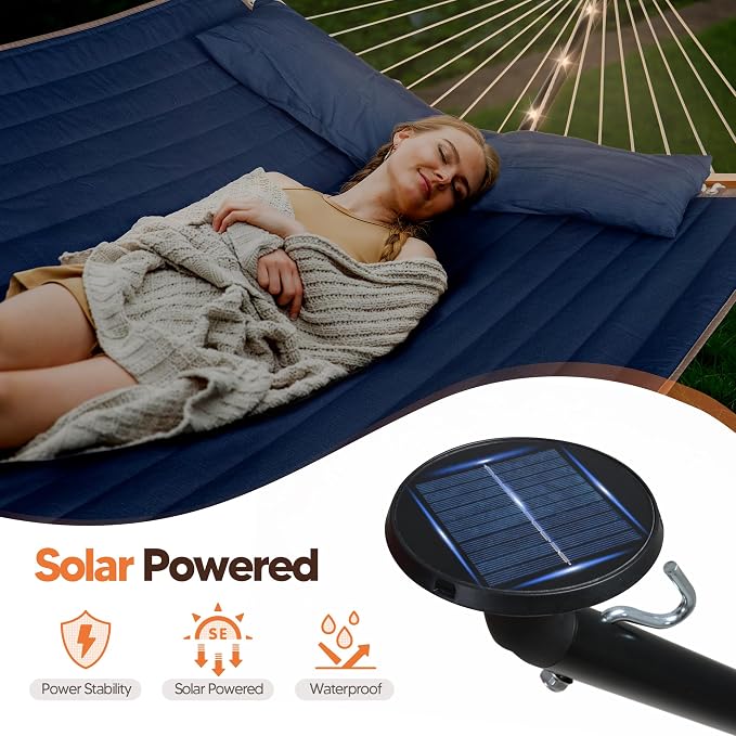 SUNCREAT Double Outdoor Hammock with 12 ft Stand, Solar Powered Lights, Portable 2 Person Hammock with Stand, Dark Blue