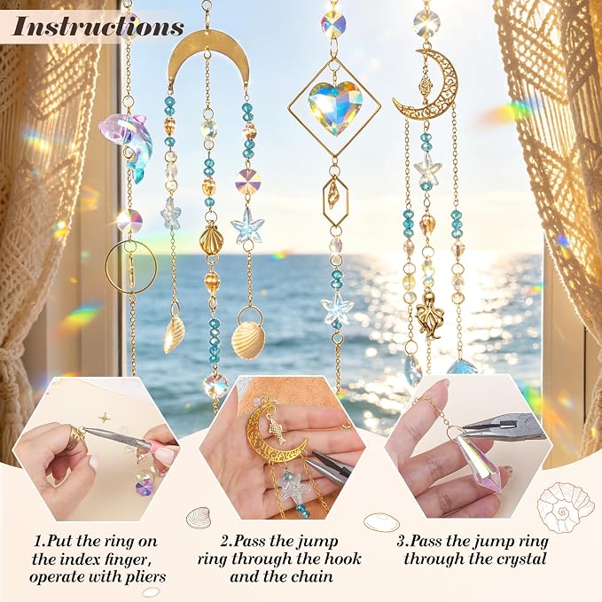 408 Pcs DIY Ocean Suncatchers Kit for Adults – Crystal Suncatchers Rainbow Maker with Genuine Natural Seashells, Art and Crafts for Adults, Hanging Window Decor for Home, Parties & Weddings