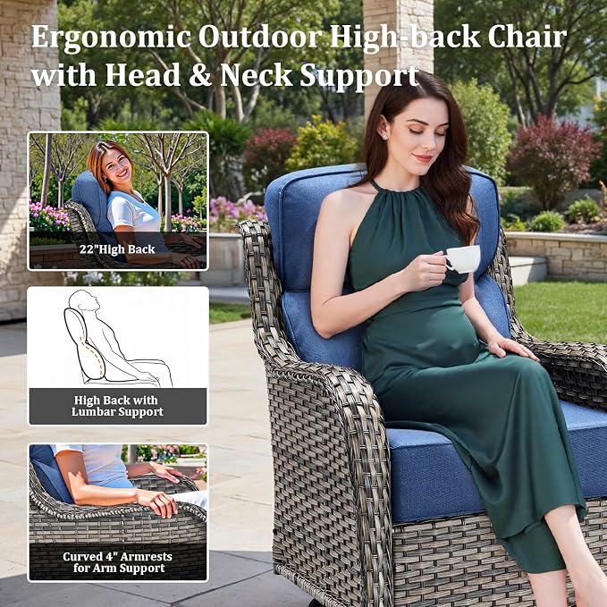 Luxury High Back Patio Furniture Set with 6-Inch Thick Cushions, 4-Pieces Outdoor Furniture with Swivel Chairs, Wicker Conversation Set for Porch, Balcony, Deck and Yard, Grey/Blue