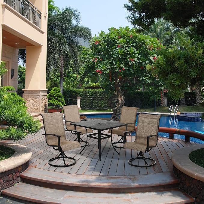 Grand patio Outdoor Dining Set of 5, Outdoor Table and Chairs Set, 4 Padded Mesh Sling Swivel Rocker Patio Chair & 36'' x36'' Square Dining Table(1.5'' Umbrella Hole), Mixed Coffee