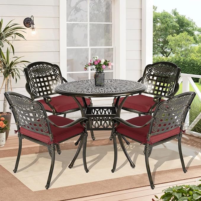 5-Piece Outdoor Patio Dining Set, All-Weather Cast Aluminum Patio Furniture Set for Backyard Garden Deck with 4 Chairs, 4 Cushions and 35.4" Round Table, 2" Umbrella Hole, Red