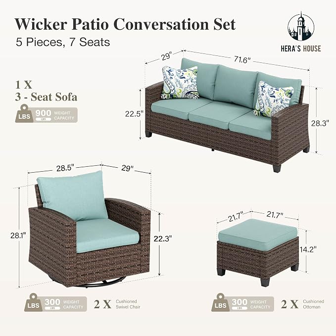 HERA'S HOUSE Patio Furniture Set with Swivel Glide Chairs, 5 Pieces Outdoor Conversation Sofa Sets, Deep Seating Brown Wicker Rattan Furniture Set for Lawn Deck Backyard, Blue